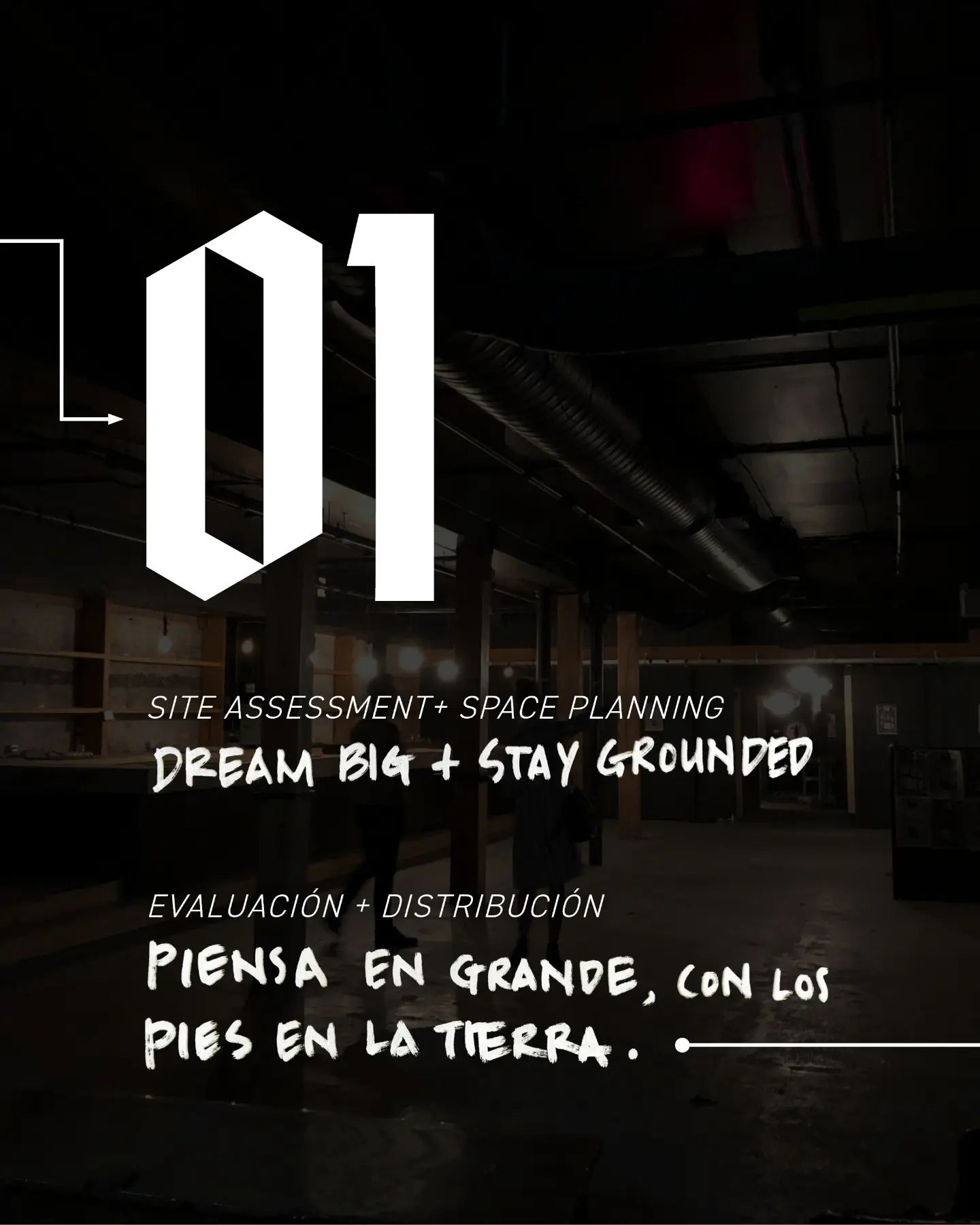 01. Site Assessment + Space Planning. Dream big + stay grounded. Evaluación + distribución. Piensa en grande, con los pies en la tierra.
